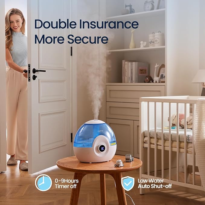 raydrop 2.2L Humidifiers for Bedroom, Cool Mist Humidifiers with Timer, Digital Knob, 26dB Quiet Small Humidifier for Baby, Nursery and Plants with Night Light, 30 Hours Runtime, Easy to Fill & Clean
