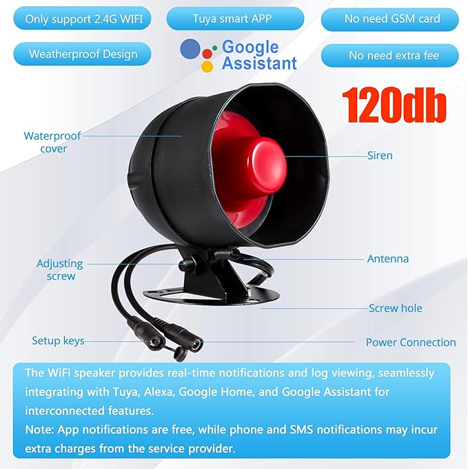 WiFi Alarm Home Security System, 120dB Alarm System with Motion Sensor and Remote Control, Alarm Security System for Shed Garage Alarm