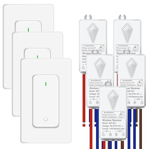 NineLeaf Wireless Light Switches and Receiver Kit, No Wiring Remote Control Wall Switch, 1300FT RF Range Expandable Switch,Ceiling Lights, Fans, Lamps & Outdoor Sheds,1000W LED(3Switches 5Receivers)