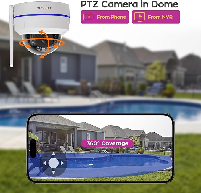 xmartO Wireless 8X DPK3034 AI Tracking 2K HD Metal Dome PTZ Camera + 10CH WNP810-W6 WiFi 6 NVR Bundle, Dual WiFi, H.265+, No Monthly Fee, IP66 Weatherproof, Home Outdoor Security System