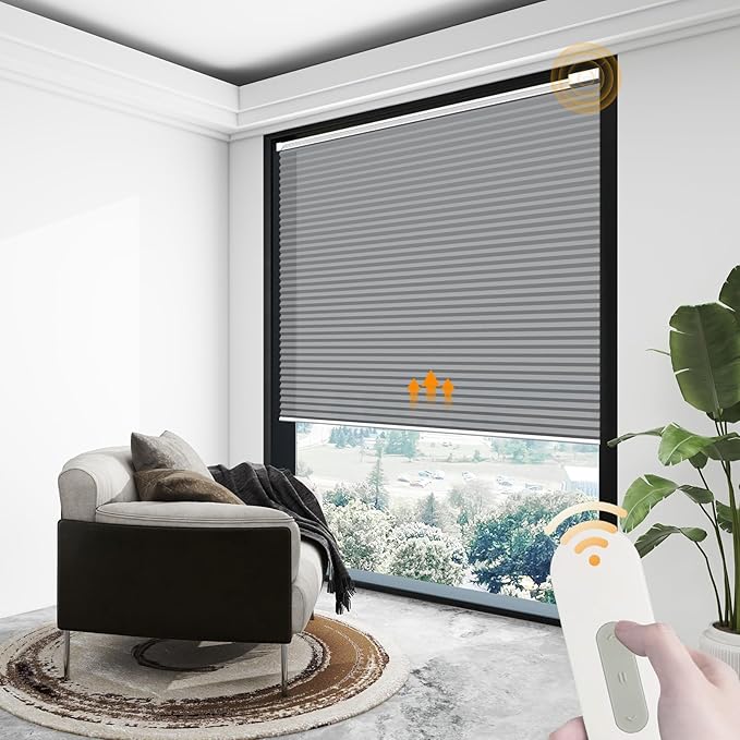 Motorized Cellular Shades Cordless Light Filtering Rechargeable Window Curtains with Remote for Privacy Protection Smart Home Electric Automatic Honeycomb Blinds for Windows, 36" x 48", Grey