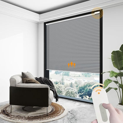 Motorized Cellular Shades Cordless Light Filtering Rechargeable Window Curtains with Remote for Privacy Protection Smart Home Electric Automatic Honeycomb Blinds for Windows, 32" x 48", Grey