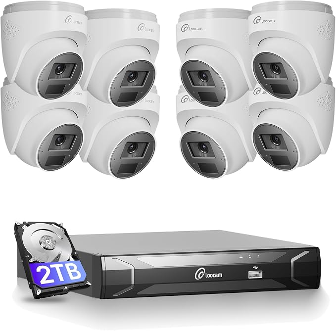 Loocam 4K Home CCTV Camera Security System 8CH with 2TB HDD | 8CH H.265+NVR, 8MP Dome Cams IP66 Waterproof, AI Human Vehicle Detection, Two Way Audio, Remote Access, 24/7 Recording