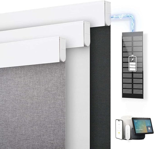 DENFOON Motorized Blinds with Remote control, Custom Blackout Smart Blinds [with Cover],Electric Blinds with Complimentary Solar Panel, Cordless Automatic Roller Shades for Windows (Grey，34¼"W x 72"H)