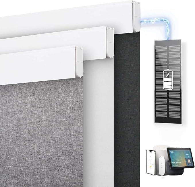 DENFOON Motorized Blinds with Remote control, Custom Blackout Smart Blinds [with Cover],Electric Blinds with Complimentary Solar Panel, Cordless Automatic Roller Shades for Windows (Grey，46"W x 72"H)