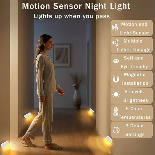 ROOKIELEDS Smart Sync Motion Sensor Night Light, Rechargeable Stair Lights with Multi-Light Linkage, Portable Nightlight for Stairs, Hallways, Garages, Bedrooms (6 Pack)