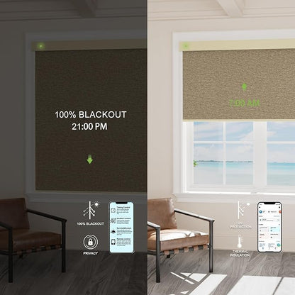 Motorized Blinds with Remote，100% Blackout Smart Blinds Motorized Roller Shades Compatible with Alexa Automatic Blinds for Windows Electric Window Blinds Customized Size Driftwood Noir