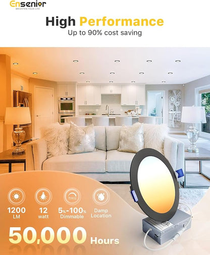 Ensenior 6 Pack 6 Inch LED Recessed Light, Dimmable, 2700K-5000K 5CCT, 1200LM High Brightness, 12W 120V, Damp Rated, Ultra-Thin Canless Wafer Light, Black - ETL & FCC & IC