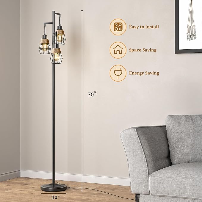 Oneach 70" Floor Lamps for Living Room, Stepless Dimmable Boho Floor Lamp with 3 Bulbs, Tall Farmhouse Industrial Corner Standing Tree Lamp for Bedroom, Office, Study Room, Dining Room, Black
