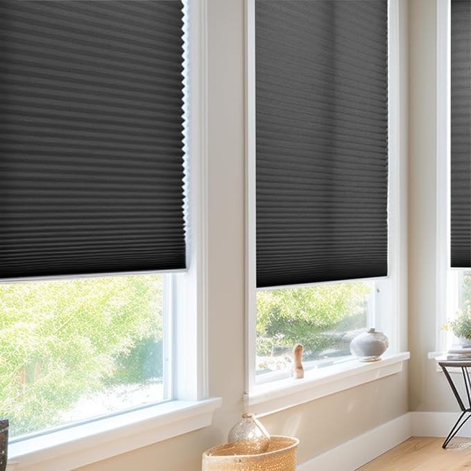 Changshade Custom Cordless Cellular Window Blinds, Light Filtering Pleated Honeycomb Shades, 1.5 inch Single Cell Cellular Shades for Home, Bedroom, Bathroom, French Door, Black, JZCMC-CEL-BK-D