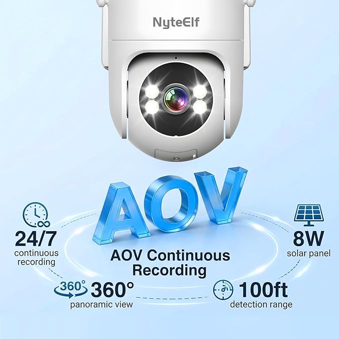4G LTE Solar Security Camera, 2K Color Night Vision, No WiFi Needed,8W Solar & Battery Powered, Low Power, 24/7 AOV Recording,355° PTZ, AI Human Detection, IP66 Waterproof (White, 1 Lens)