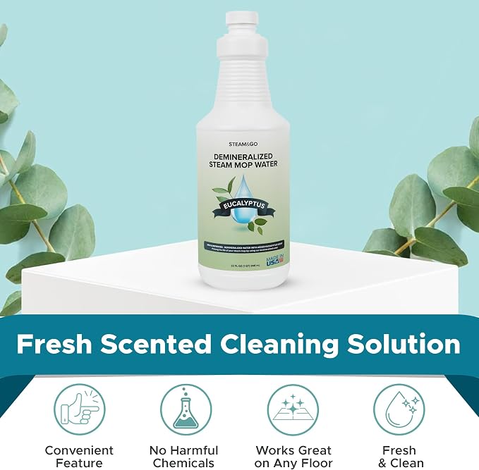 Steam & Go Scented Demineralized Water, Eucalyptus Mint, 32 fl oz (6-Pack) | Mineral-Free, Ready-to-Use Floor & Garment Steamer Solution; Prevents Buildup, Supports Steam Performance