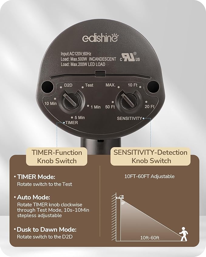EDISHINE Motion Sensor, 180-Degree Replacement Motion Detector for Security Floodlights, Adjustable Time & Detection Sensitivity Range Up to 60 Feet, 3 Modes Pir Motion Sensor, Brown, UL Listed