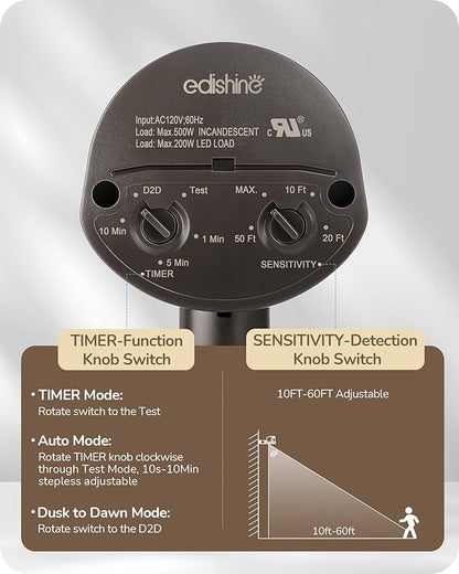 EDISHINE Motion Sensor, 180-Degree Replacement Motion Detector for Security Floodlights, Adjustable Time & Detection Sensitivity Range Up to 60 Feet, 3 Modes Pir Motion Sensor, Brown, UL Listed