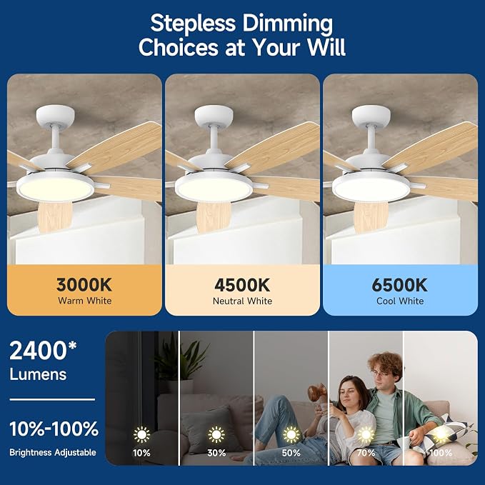 Roomratv 52 Inch Smart Ceiling Fan Compatible with App/Alexa/Google home | White,Beep-Off ,Ultra Quiet,Bright and Dimmable Led Light,Energy saving,Reversible,Remote Control