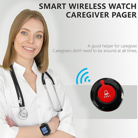 Call Button for Elderly at Home Wireless Caregiver Pager Watch Long Range Nurse Alert System Waterproof Emergency SOS Call Bell for Senior/Patient/Disabled with 2 Panic Button and 1 Wrist Receiver