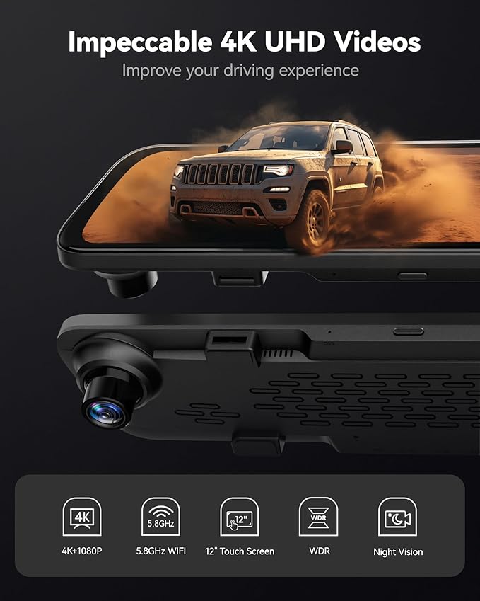 WOLFBOX G840S 12" 4K Mirror Dash Cam & USB C Acc Hardwire Kit