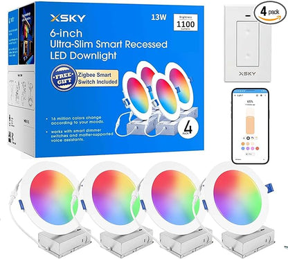Xsky Smart Recessed Lighting 6 inch 4 Pack,Dimmer Switch Include, Zigbee 3.0 Light, RGBW Dimmable, Downlight, Compatible with Alexa, Home Assistant, SmartThings,16 Million Colors