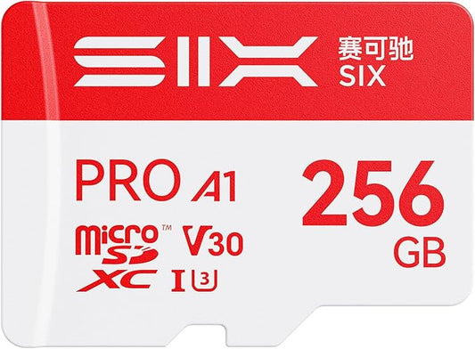 SIX M100 256GB Micro SD Card Read Up to 100MB/s - A1, U3, V30 Support 4K UHD microSDXC Memory Card 256GB with Adapter for Android Phones, Tablets, Dash Cams, Action Cameras, Drones, Gaming Consoles