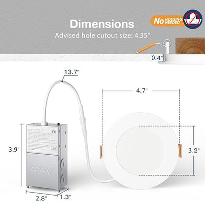 Amico 6 Pack 4 Inch 5CCT Ultra-Thin LED Recessed Ceiling Light with Junction Box, 2700K/3000K/3500K/4000K/5000K Selectable, 11W Eqv 70W 800LM Brightness Dimmable Canless Wafer Downlight, ETL & FCC