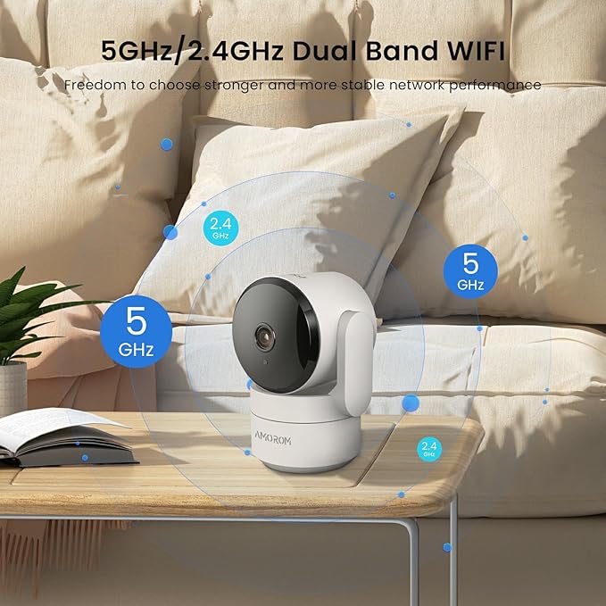 AMOROM 2K Pan-Tilt Indoor Security Camera, 360° Pet/Dog Monitoring, Motion Tracking, Night Vision, 2-Way Audio, Motion Alerts, Compatible with Alexa & Google Assistant (2.4GHz & 5GHz)