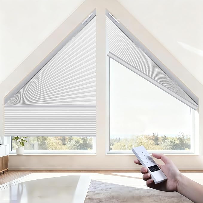Godark Smart Angled Customized Blackout Honeycomb Blinds Suitable for Trapezoidal/Triangular/Polygonal Windows Motorized Cellular Shades Compatible with Alexa/Google Home/Tuya APP-White