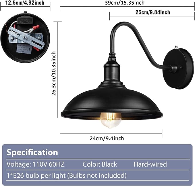 Dusk to Dawn Exterior Farmhouse Lighting Barn Light Fixture for House with Anti-ponding Bottom, Outdoor Barn Light Gooseneck Lighting for Garage Patio Porch (9.4" Diameter, 1 PC)