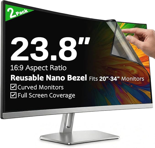 [2-Pack] 23.8 Inch Reusable Nano Bezel Anti-Glare Computer Privacy Screen for Monitor, 16:9 Aspect Ratio, Residue-Free Removable Anti-Spy Filter, Eye Protection Anti-Blue Light Desktop Security Shield