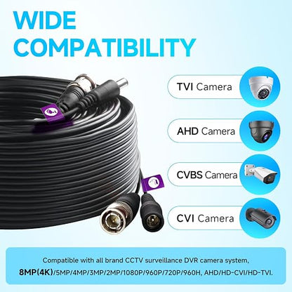 4 Pack 100Ft/30M 4K 8MP 5MP All-in-One BNC Video Power Cable, BNC Extension Surveillance Camera Wires for CCTV Camera DVR Systems (8pcs Connectors, 100pcs Cable Clips Included)