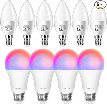 ORALUCE 丨 Bundle - Candelabra Light Bulbs Warm White 5000K (Pack of 6) & Smart LED Bulb A19 Wi-Fi and Bluetooth (Pack of 4)
