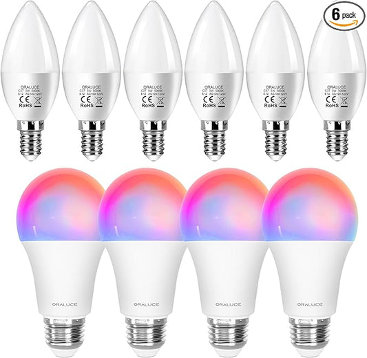 ORALUCE 丨 Bundle - Candelabra Light Bulbs Warm White 5000K (Pack of 6) & Smart LED Bulb A19 Wi-Fi and Bluetooth (Pack of 4)