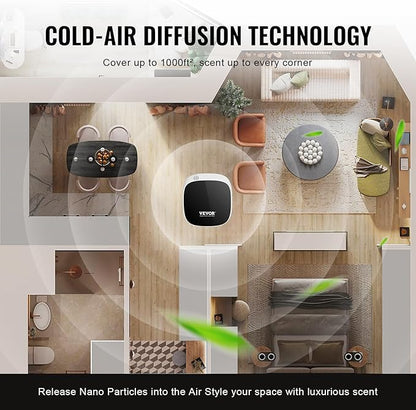 VEVOR Scent Air Machine for Home, 100ML Smart Essential Oil Diffuser with Cold Air Tech, Waterless Scent Air Diffuser with USB & Battery Powered, Cover Up to 1000 Sq.Ft for Living Room, Bath Room, Spa