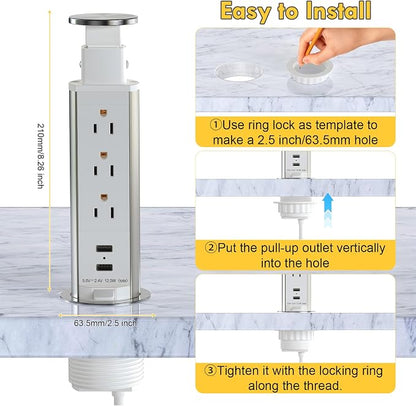 Pop Up Outlet for Countertop, Receptacle Power Strip with 3 AC Outlet 2 USB Ports, Pull Pop Up Power Socket Outlet, 2.5" Hole Recessed Outlet for Kitchen Counter Conference Desk Office, White