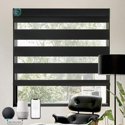 MING CHEN Motorized Blinds with Remote, Built-in Rechargeable Motor Smart Automatic Window Shades, Custom Size Electric Zebra Blinds Compatible with Alexa Google (100% Shading Black)