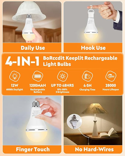 BoRccdit KeepLit 8 Pack Emergency Rechargeable Light Bulbs, 48H Long Lasting & 3 Brightness Power Outage Lights,12W 3000K Battery Backup Emergency Light Bulbs for Home Power Failure Hurricane