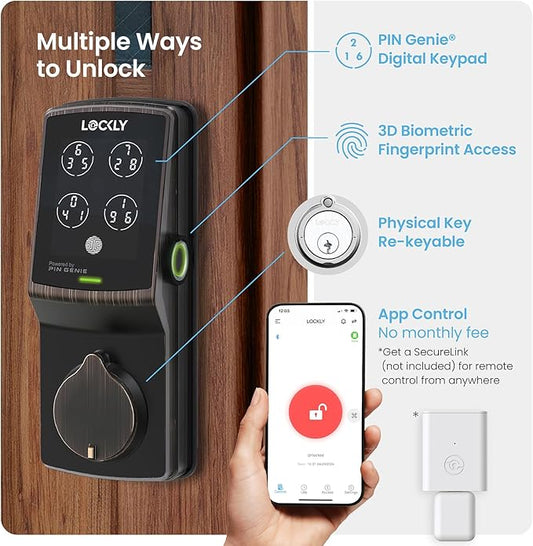 Lockly Secure Pro Bluetooth Smart Door Lock, Keyless Entry with PIN Genie® Digital Keypad, 3D Biometric Fingerprint Sensor Front Door Lock Deadbolt, Voice Control & Auto Lock - Deadbolt Edition
