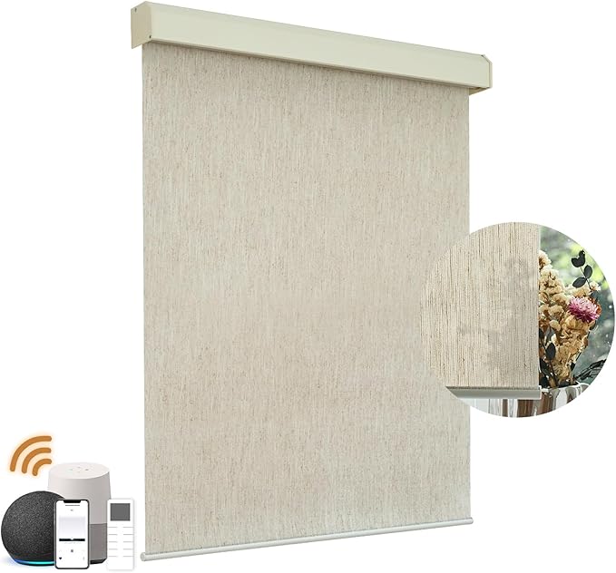 Motorized Light Filtering Roller Shades with Remote Control, Electric Smart Shades Compatible with Alexa and Google, Rechargeable, Customizable Size (Textured Creamy White)