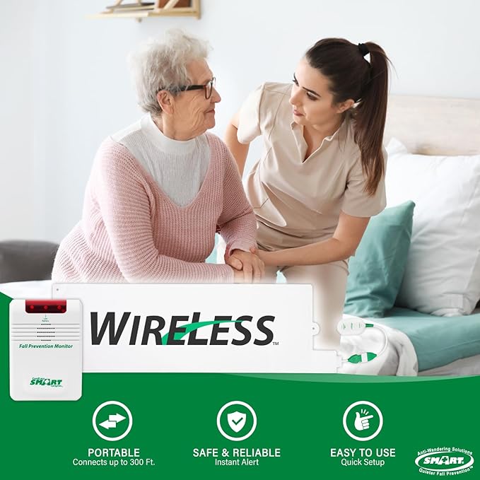 Smart Caregiver Wireless Bed Alarm System - Cordless Weight Sensing Bed Alarm Pad (10” x 30”) with Remote Alert Monitor, Free Individual Cleaning Wipes and Liberty 7 Day Pill Box