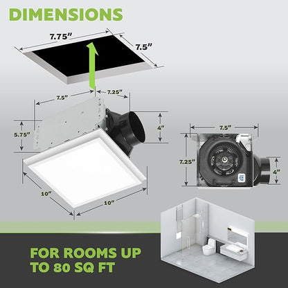 Homewerks 7141-80-G4 Bathroom Fan Integrated LED Light Ceiling Mount Exhaust Ventilation Whisper Quiet 1.1 Sones 80 CFM, White