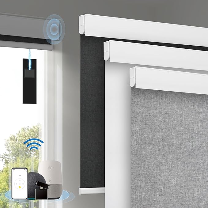 Motorized Blinds with Remote, [Free Solar Panels] Cordless Smart Blinds with Valance Cover, Blackout Electric Blinds with Remote Control, Automatic Roller Shades for Windows Light Gray 47" W x 72" H