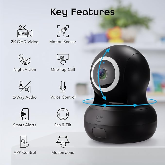 Geeni Sentinel Smart 2K Indoor Security Camera with Auto-Tracking – Dual-Band 2.4GHz & 5GHz WiFi, 2K HD Video, App & Voice Control, Motion Detection, Black