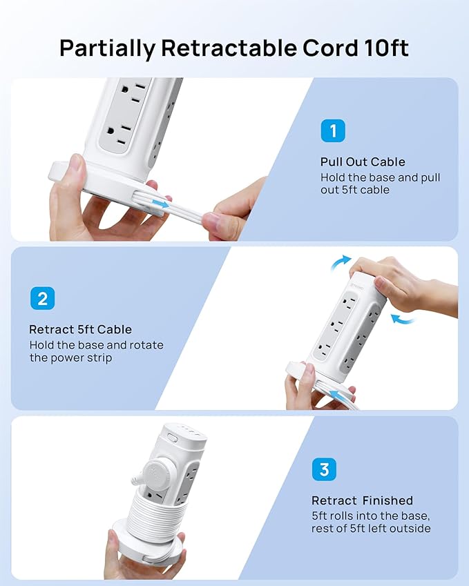 TROND Rotating Plug Power Strip Tower PD 20W, 10ft Semi-Retractable Extension Cord Surge Protector, 12 Outlets, 4 USB, 1700J Protection, Space Saving Home Office Desk Supplies, Dorm Room Essentials