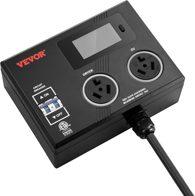 VEVOR NEMA Splitter for Dryer and EV, 3-Color LED Indicator, 240V Smart Power Distribution, with NEMA 10-30 Plug, Two NEMA 10-30 Outlets, 3.4 in LCD Screen, Max 24A Dryer EV, Tested to ETL Standard