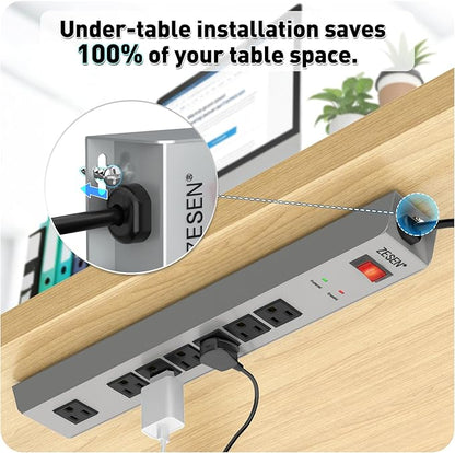 ZESEN 7 Outlet Metal Long Power Strip with Overload Protection & 1500J Surge Protection, 12ft Cord Wall Mounted Industrial Power Strip for Office Workshop Garage, ETL Listed(15A/1875W), Grey