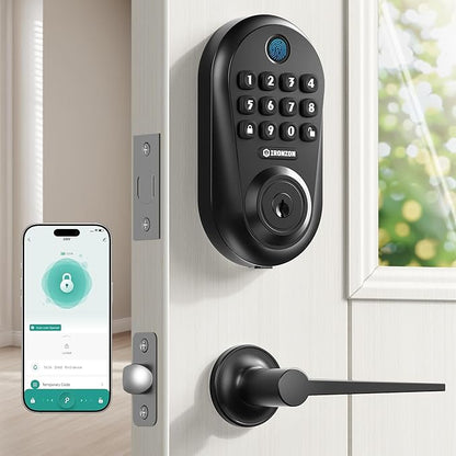 IRONZON Keyless Entry Door Lock - 350Y 5-in-1 Fingerprint Smart Locks for Front Door with Handle Set, Electronic Keypad Door Lock with Handle and Deadbolt - Black