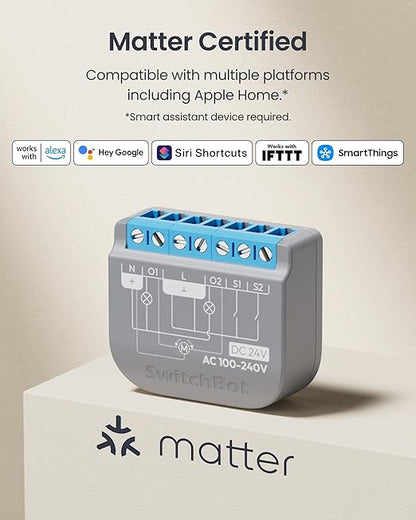 SwitchBot Smart Relay Switch 2PM, Power Metering, Dual Light Control, Built-in Bluetooth Repeater, Wi-Fi&Bluetooth Switch Compatible w/Alexa/Apple Home/Google Home/Matter Hub Required, 2.4GHz