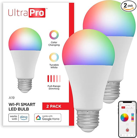 UltraPro Wi-Fi LED Smart Light Bulb, A19, 60W Equivalent, RGB, Color Changing, White Select Tunable 2700K - 6500K, Dimmable, 2.4GHz Router Required, Circadian Rhythm, Easy-to-Use App, 2 Pack, 51449