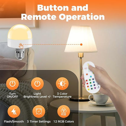 TJOY E26 Rechargeable Light Bulb with Remote and Timer, Battery Operated Bulb with 3 Color Temperatures and 15 RGB Colors, Dimmable Wireless LED Bulb for Lamps, Detachable Charging for Sconces, 2 Pack
