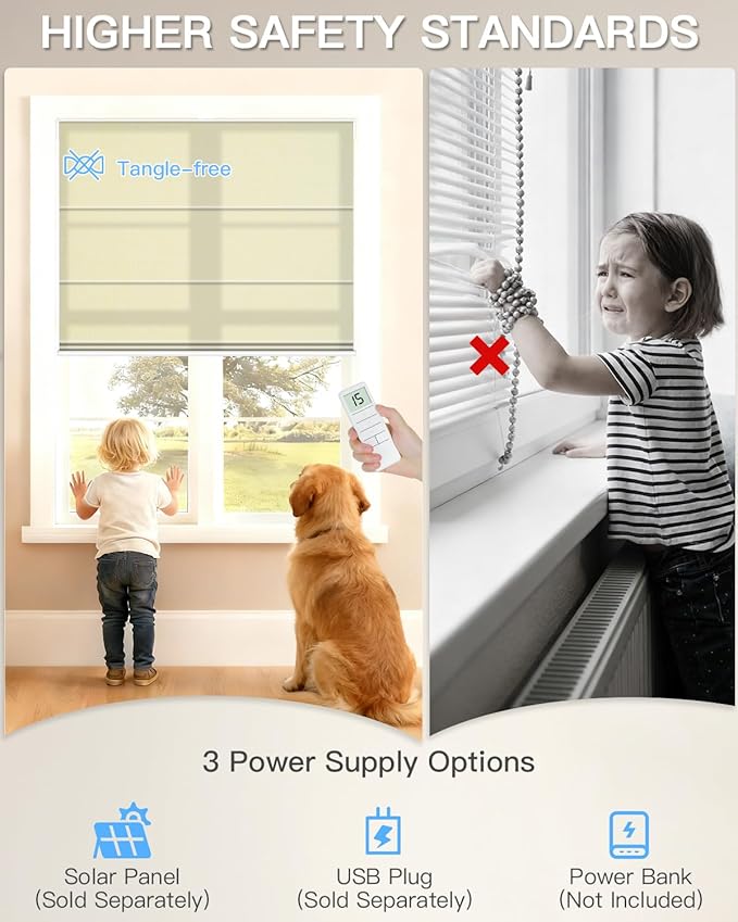 Motorized Roman Shades for Windows, Custom Light Filtering Roman Blinds with Remote, Smart Privacy Window Shades for Living Room Kitchen Office, Alexa & Google Home Compatible, App Control via RF Hub