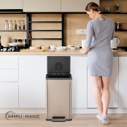 SIMPLI-MAGIC 13 Gallon/50 Liter Kitchen Trash Can, Stainless Steel Step-On Garbage Bin with Side Handles, Built-In Odor Filter Holder & Removable Inner Bucket for Kitchen & Office & Bedroom, Rose Gold